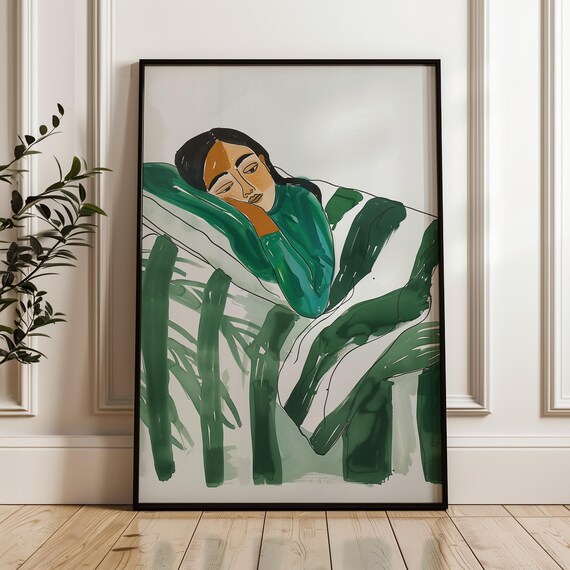 Woman Resting Among Green Leaves Emerald Botanical Figure Poster