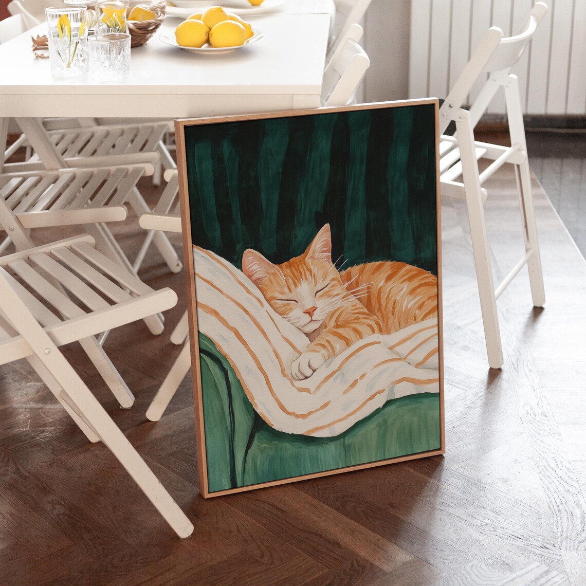 Orange Tabby Cat Napping Striped Blanket Green Couch Cozy Art Poster - Image 4