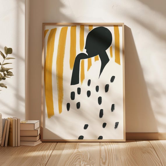 Modern Abstract Silhouette Art Print Minimalist Figure With Golden Stripes Neutral Decor Wall Art Dotted Robe Illustration Black White