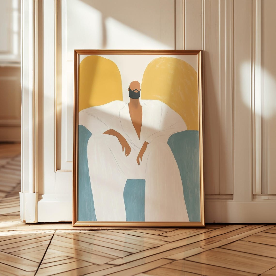 Seated Man In White Robe With Mustard Arches Contemporary Art Poster - Image 5
