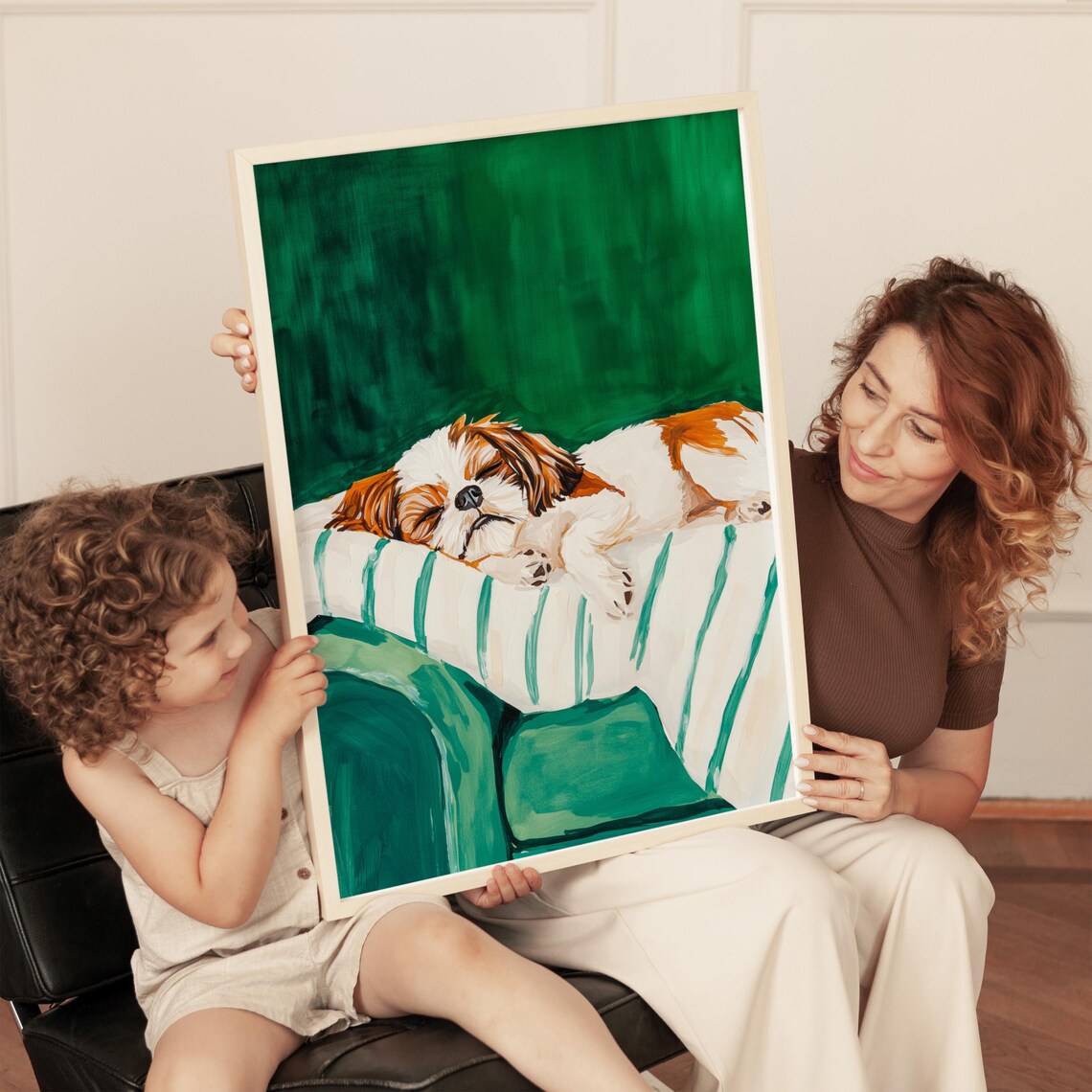 Sleeping Shih Tzu Puppy On Green Couch Cozy Dog Painting Print