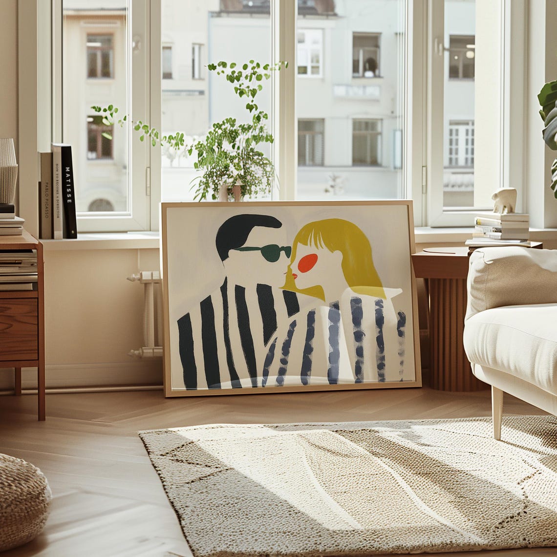 Abstract Couple Art Print Modern Minimalist Design Black And White Stripes With Bold Red And Yellow Accents Romantic Wall Decor - Image 3