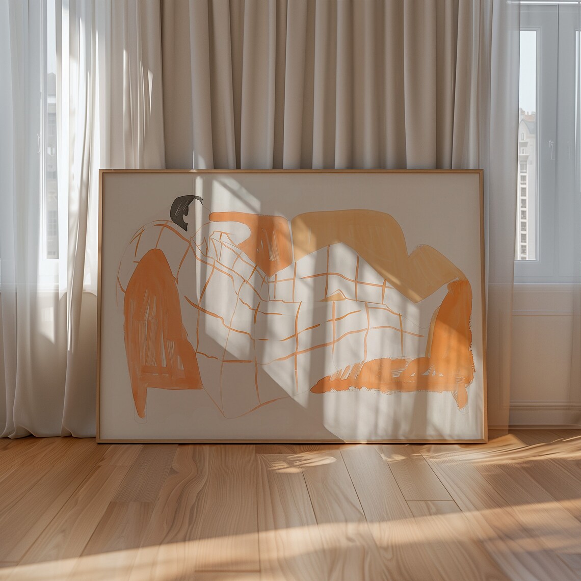 Minimalist Line Drawing Of Relaxing Woman In Orange Art Poster - Image 4