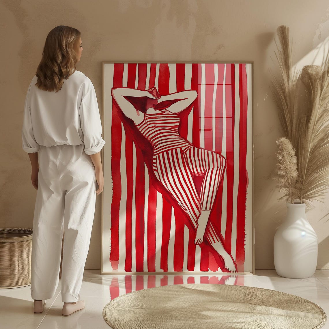 Red Striped Woman Reclining Hands Behind Head Bold Art Poster - Image 3