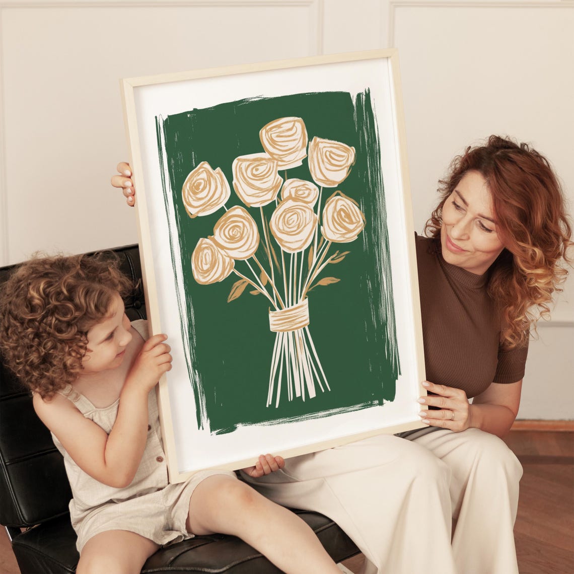 Golden Rose Bouquet On Dark Green Minimalist Floral Wall Art