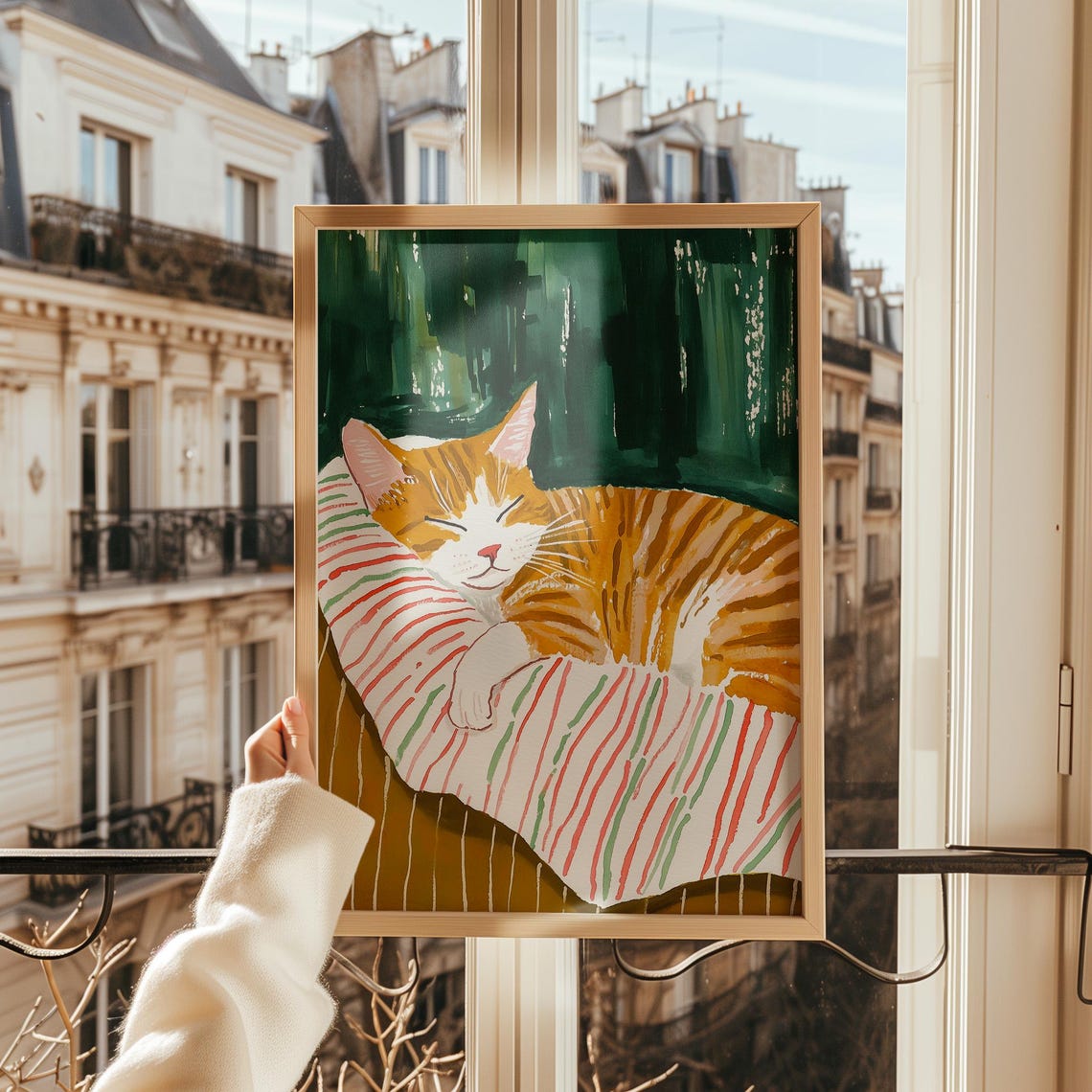 Orange Tabby Cat on Striped Pillow Dark Green Cozy Cat Poster - Image 2