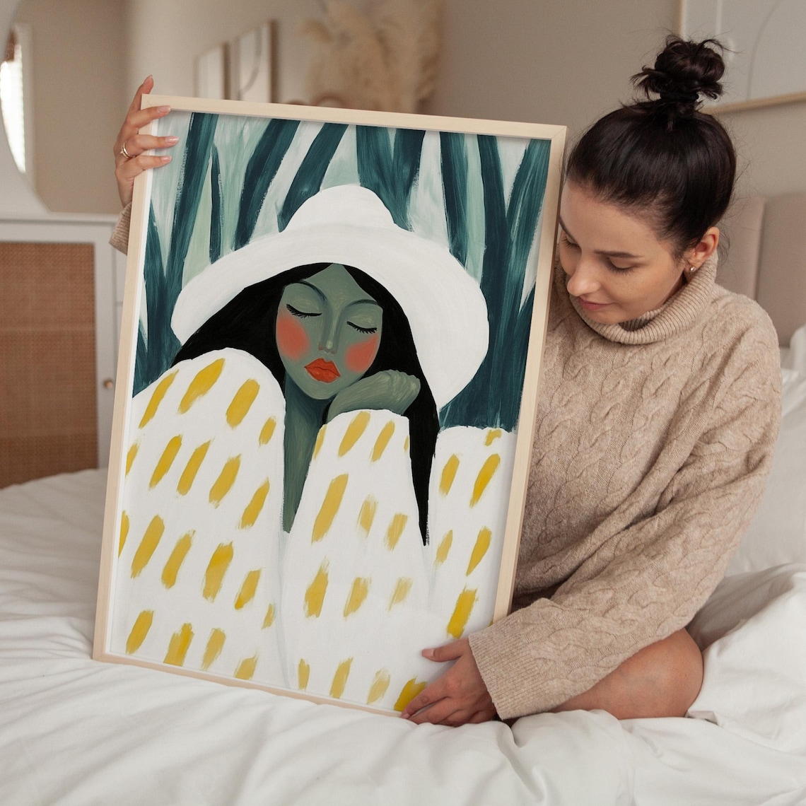 Woman In White Hat And Yellow Dashed Robe With Palm Leaves Poster