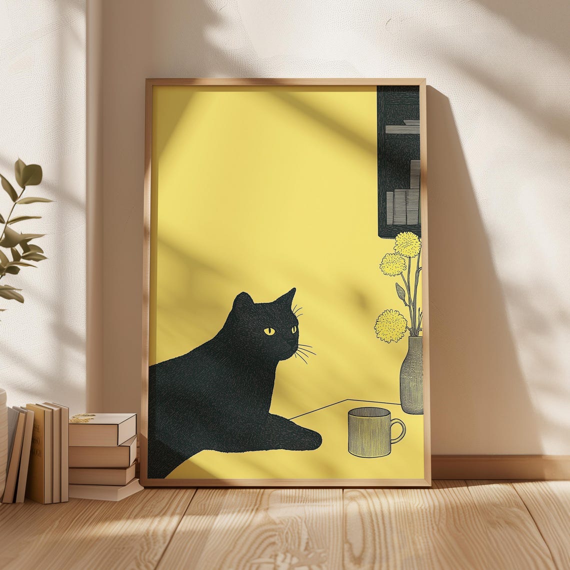 Minimalist Black Cat Bright Yellow Background Modern Art Poster