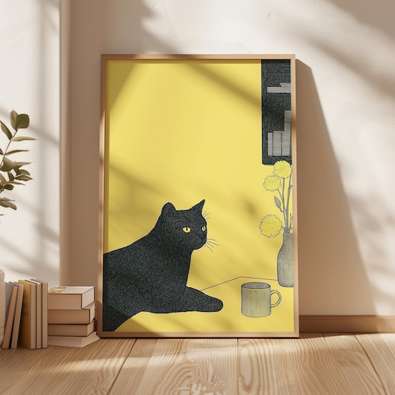 Minimalist Black Cat Bright Yellow Background Modern Art Poster
