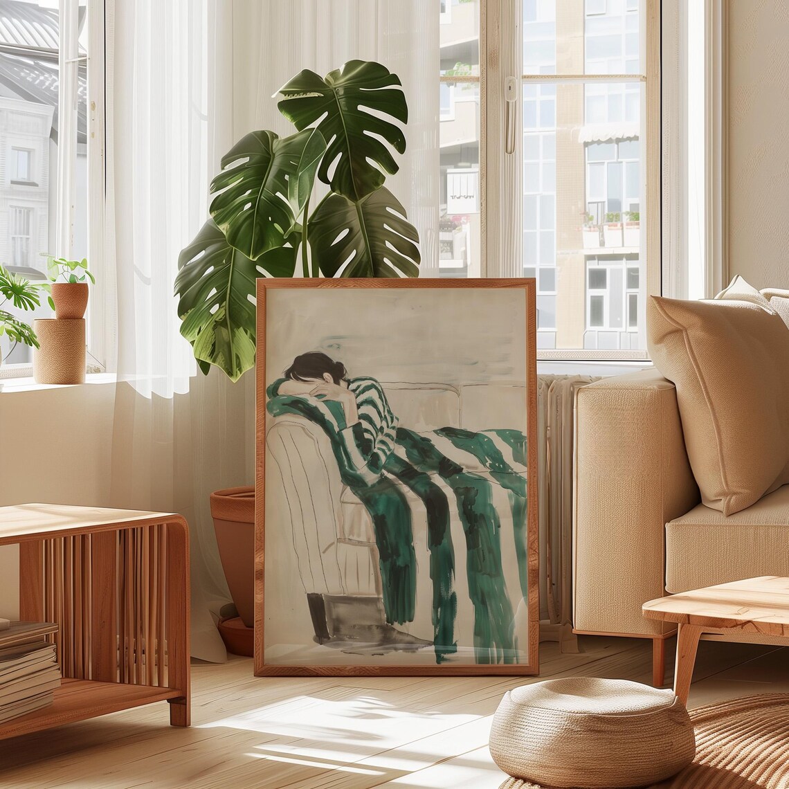Emerald Green Abstract People, Minimalist Bedroom Art Print - Image 2