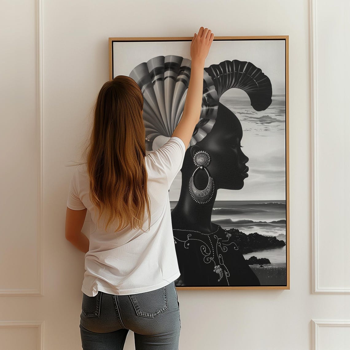 Black and White African Woman With a Bold Shell Headpiece Poster - Image 2