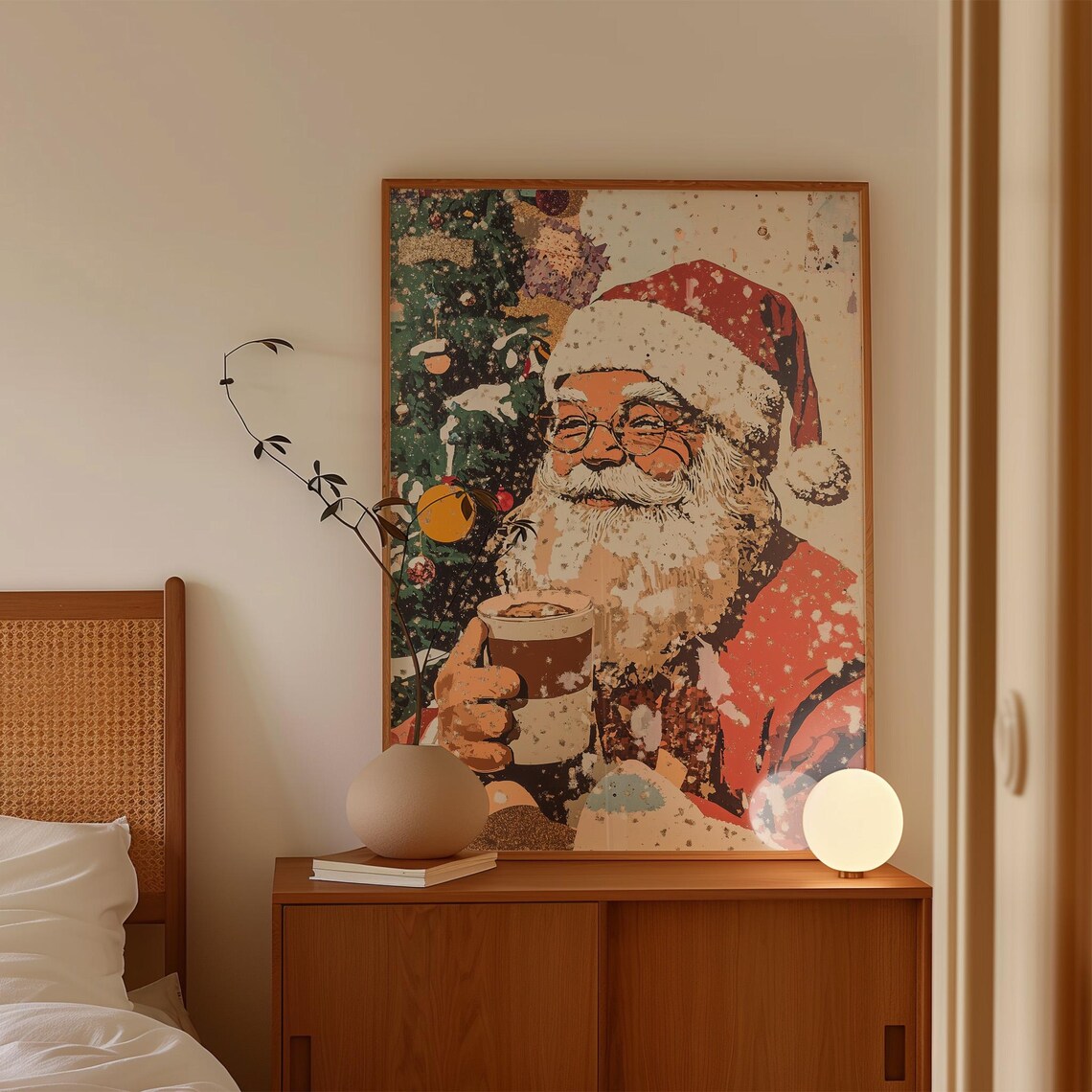 Vintage Santa Claus with Coffee by Christmas Tree Retro Holiday Poster - Image 4
