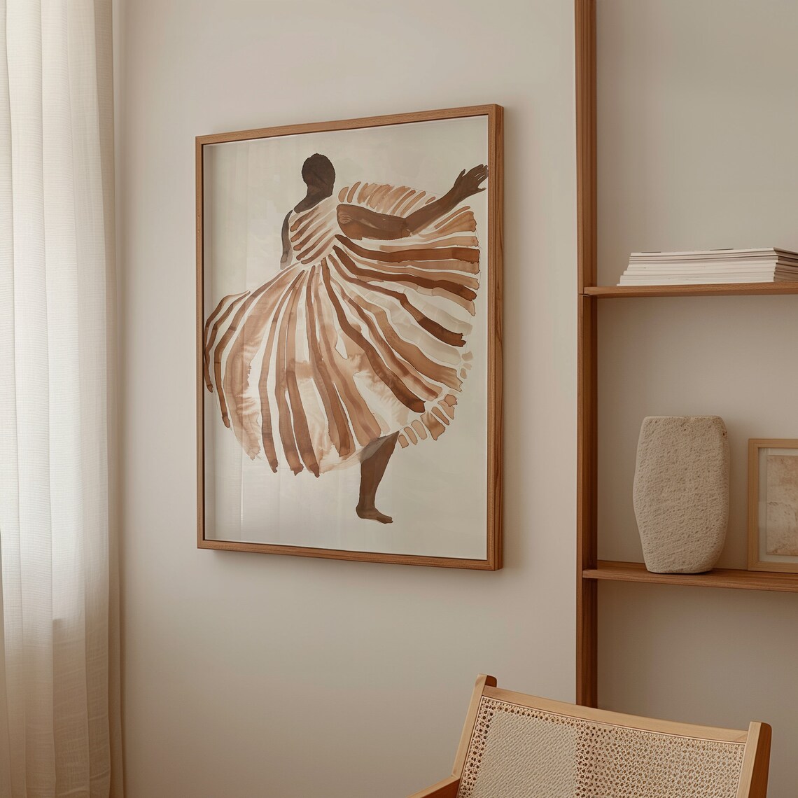 Dancing Woman Flowing Copper Brown Dress Back View Joy Poster - Image 3
