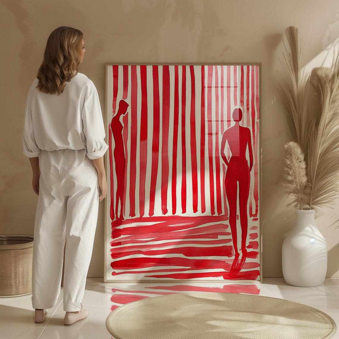 Red Silhouette Figures Abstract Red and White Striped Wall Art - Image 3