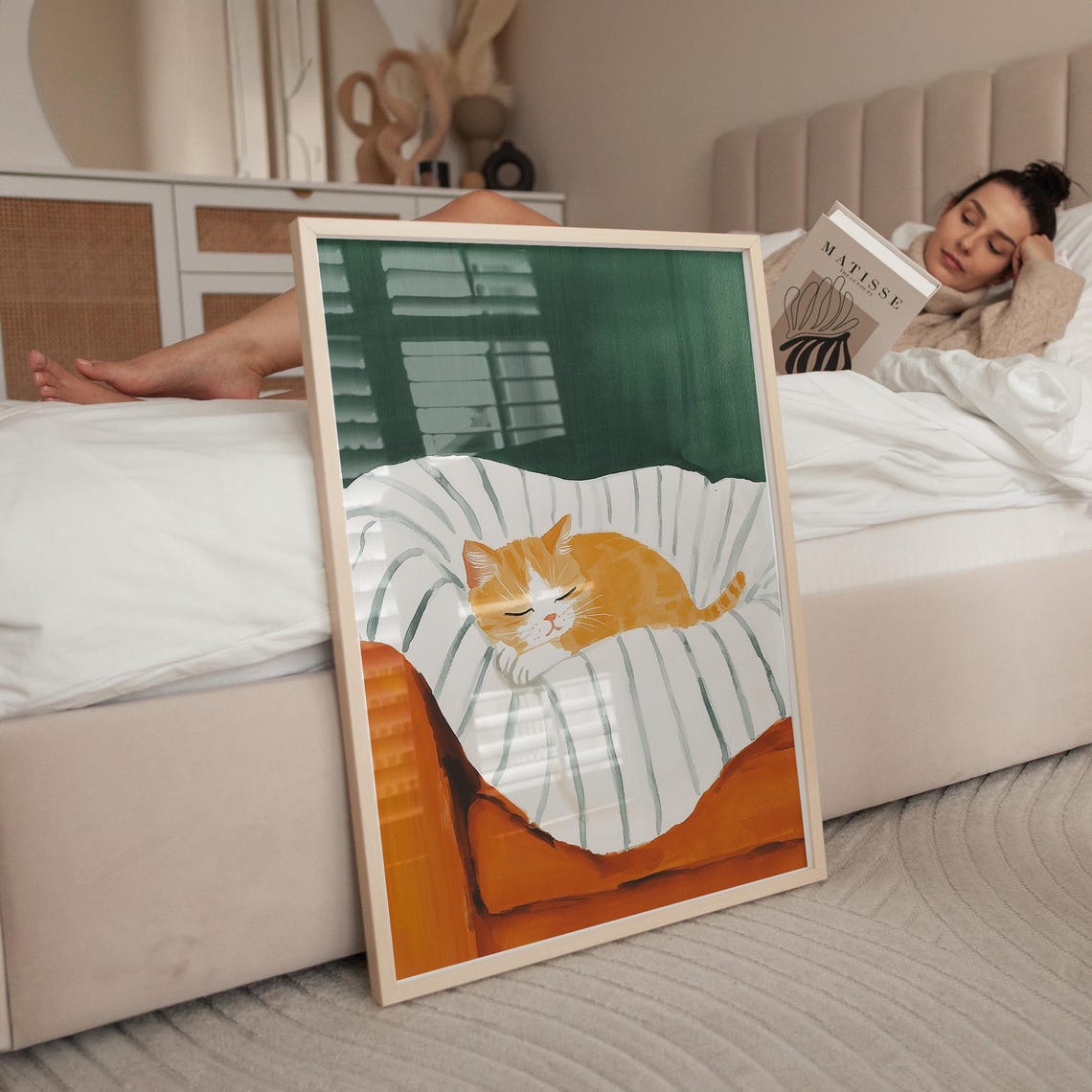 Sleeping Orange Cat on Striped Pillow Rust Bed Cozy Cat Poster - Image 2
