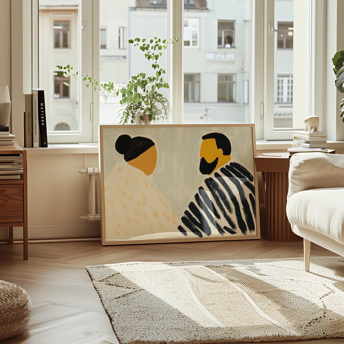 Minimalist Couple Facing Each Other in Striped Tops Tender Poster