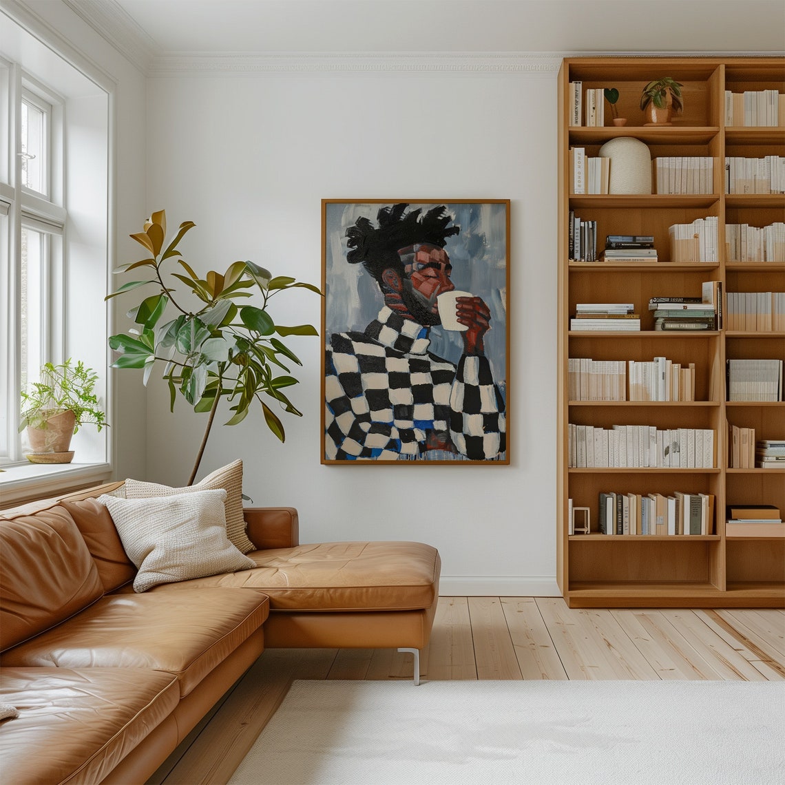 Abstract Man Drinking Coffee Checkered Sweater Contemporary Art Poster - Image 4