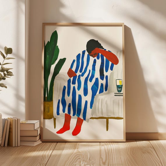 Bold Abstract Portrait Print Modern Blue And Red Art Minimalist Figure Wall Decor Boho Living Room Illustration Art