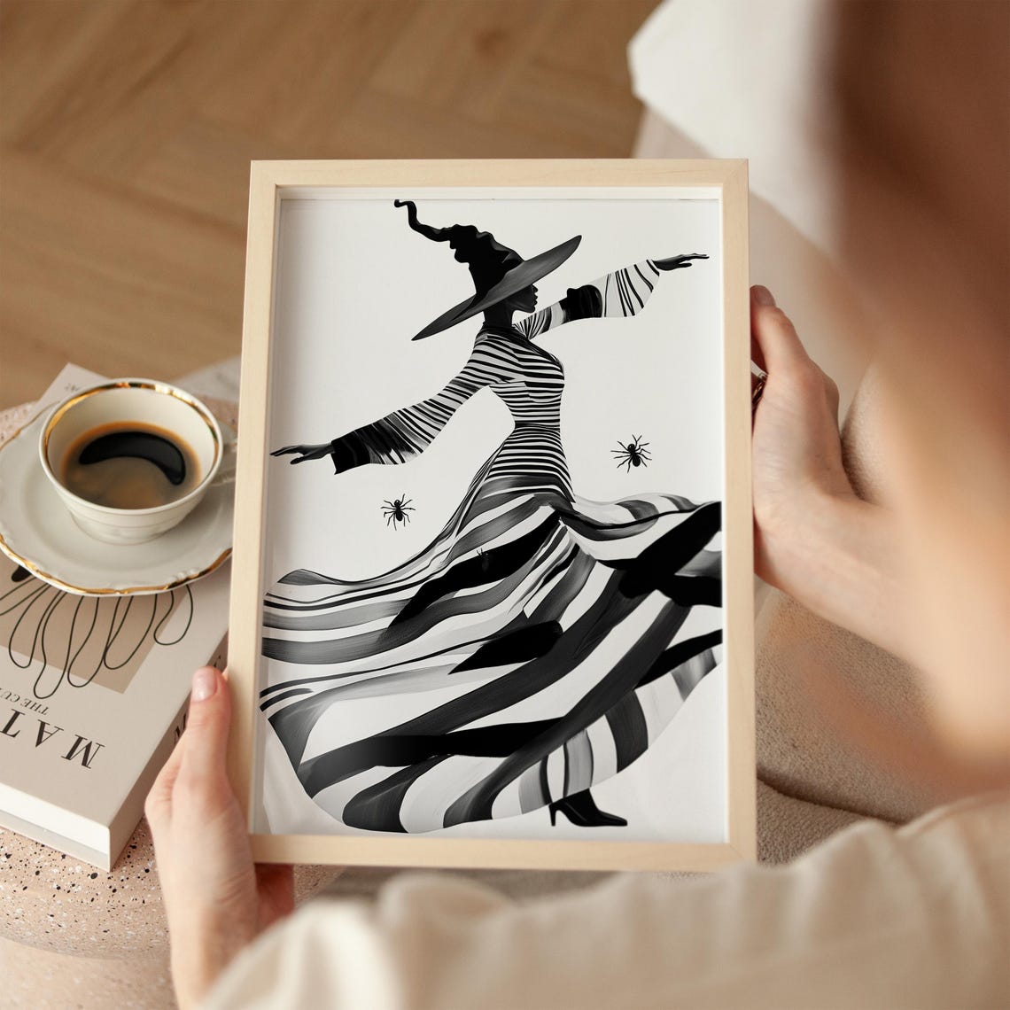 Dancing Witch Silhouette In Striped Dress Halloween Black White Poster - Image 2