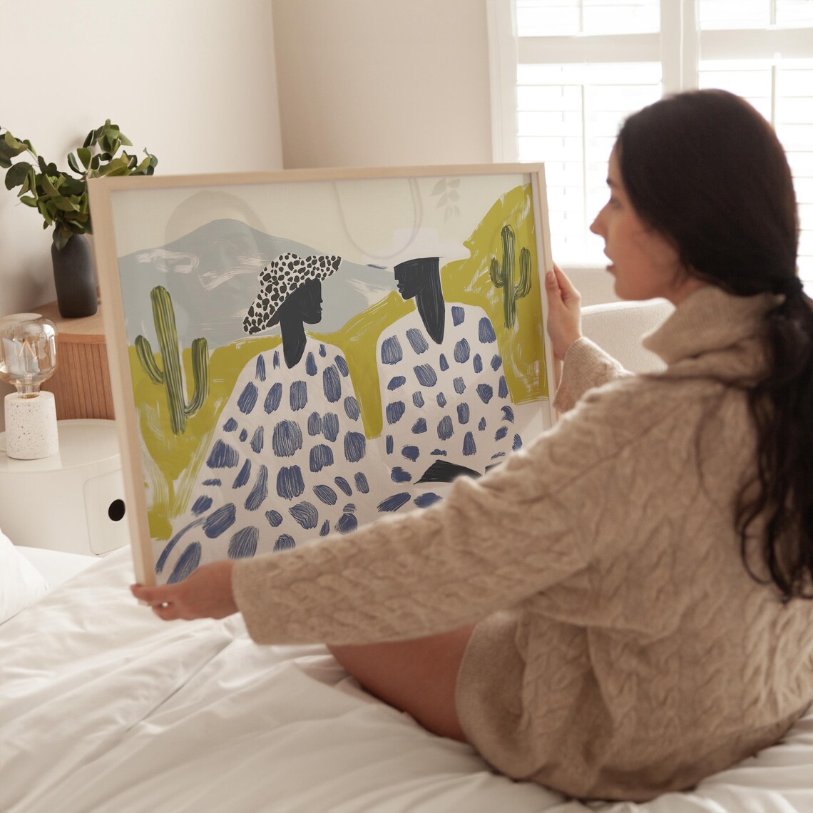 Desert Couple in Blue Spotted Ponchos Among Cacti Southwest Poster - Image 3