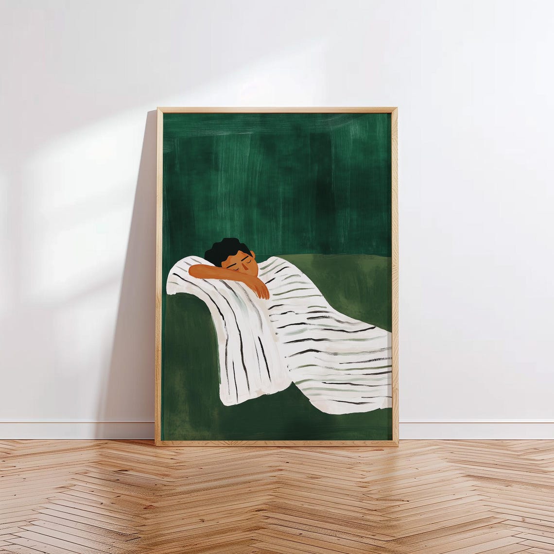 Person Sleeping Under Striped Blanket Emerald Green Calm Wall Art