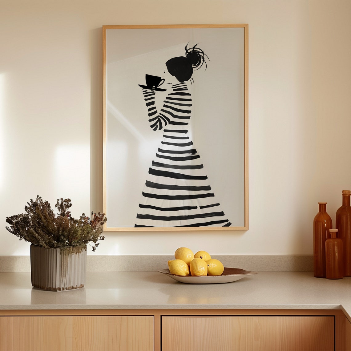 Striped Dress Woman Drinking Coffee Minimal Line Art Morning Poster - Image 4