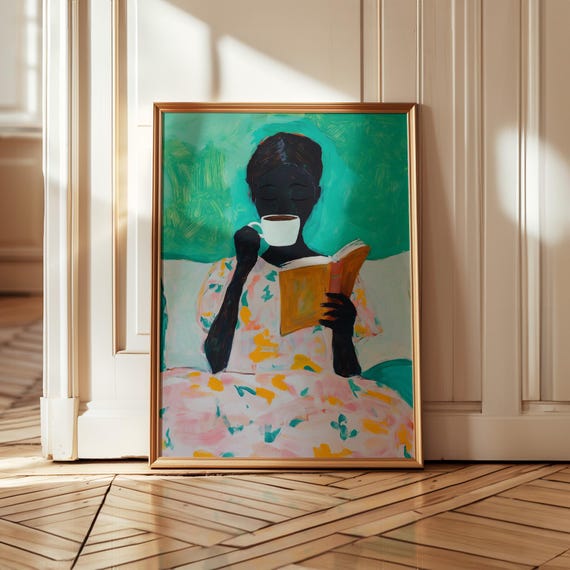 Emerald Green Modern Reading Black Woman Art Book Coffee Green Illustration Minimalist Striped Design Afro Girl Portrait Print