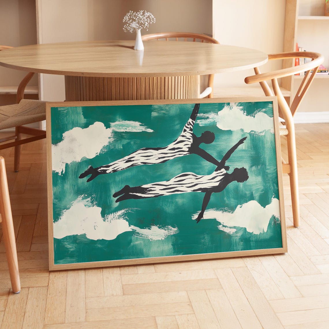 Two Flying Figures Teal Sky Striped Clothing Surreal Dream Poster - Image 4