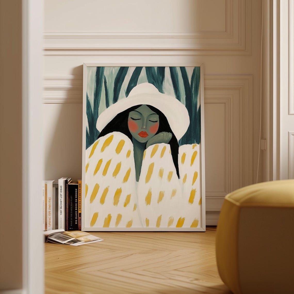 Woman In White Hat And Yellow Dashed Robe With Palm Leaves Poster - Image 5