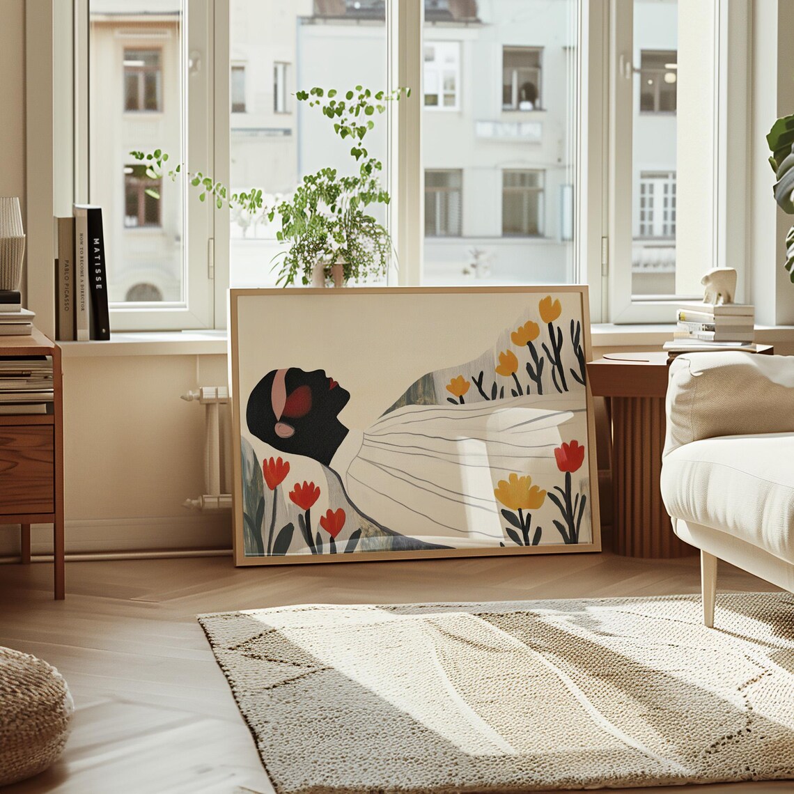 Reclining Woman in White Drapery with Red Yellow Tulips Poster - Image 3