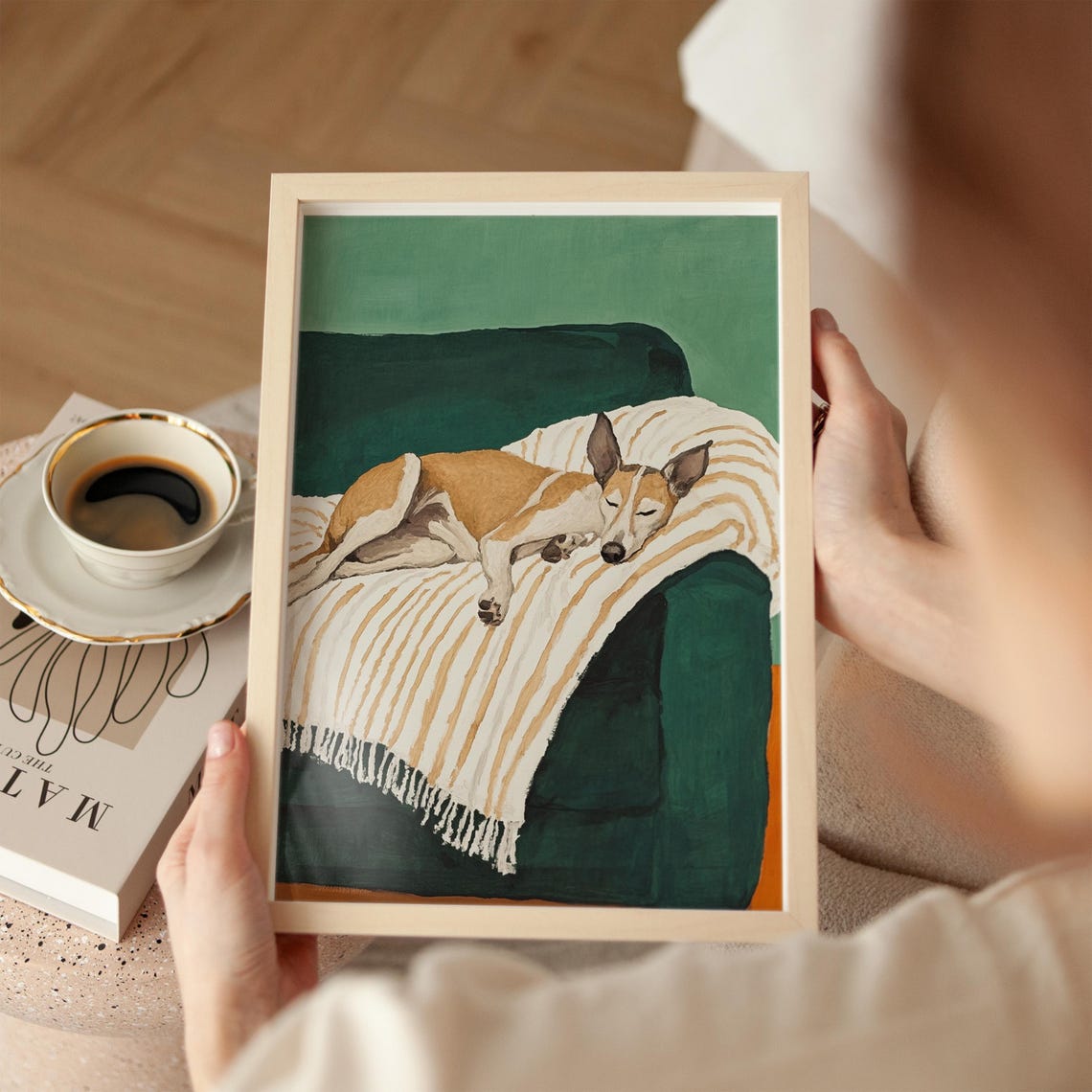 Sleeping Dog Watercolor Portrait Striped Blanket Green Pet Poster