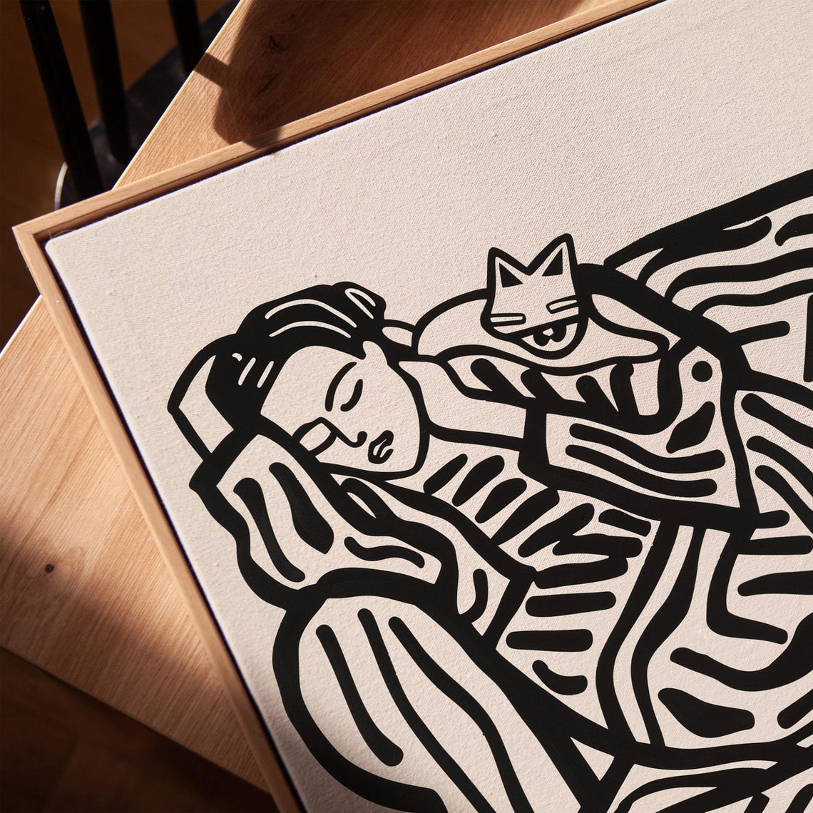 Woman Sleeping with Cat Line Drawing Cozy Black White Poster - Image 2