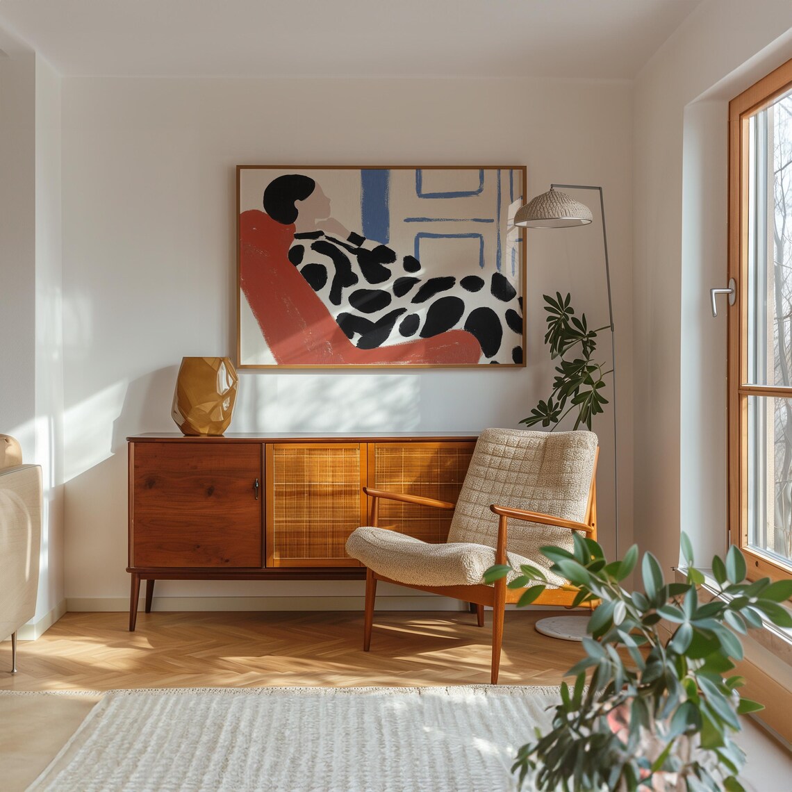 Woman Reclining in Red Armchair Wearing Spotted Dress Poster - Image 4