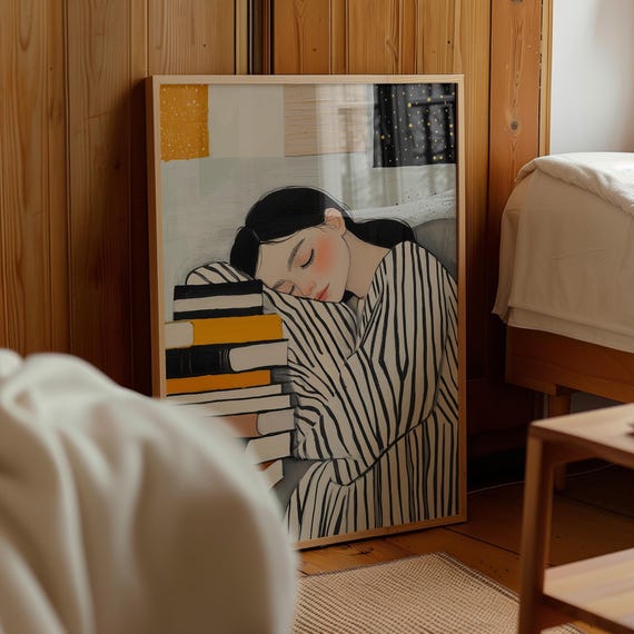 Sleepy Girl With Books Illustration Cozy Reading Art Print Minimalistic Decor Striped Design Peaceful Study Room Decor Modern Wall Art