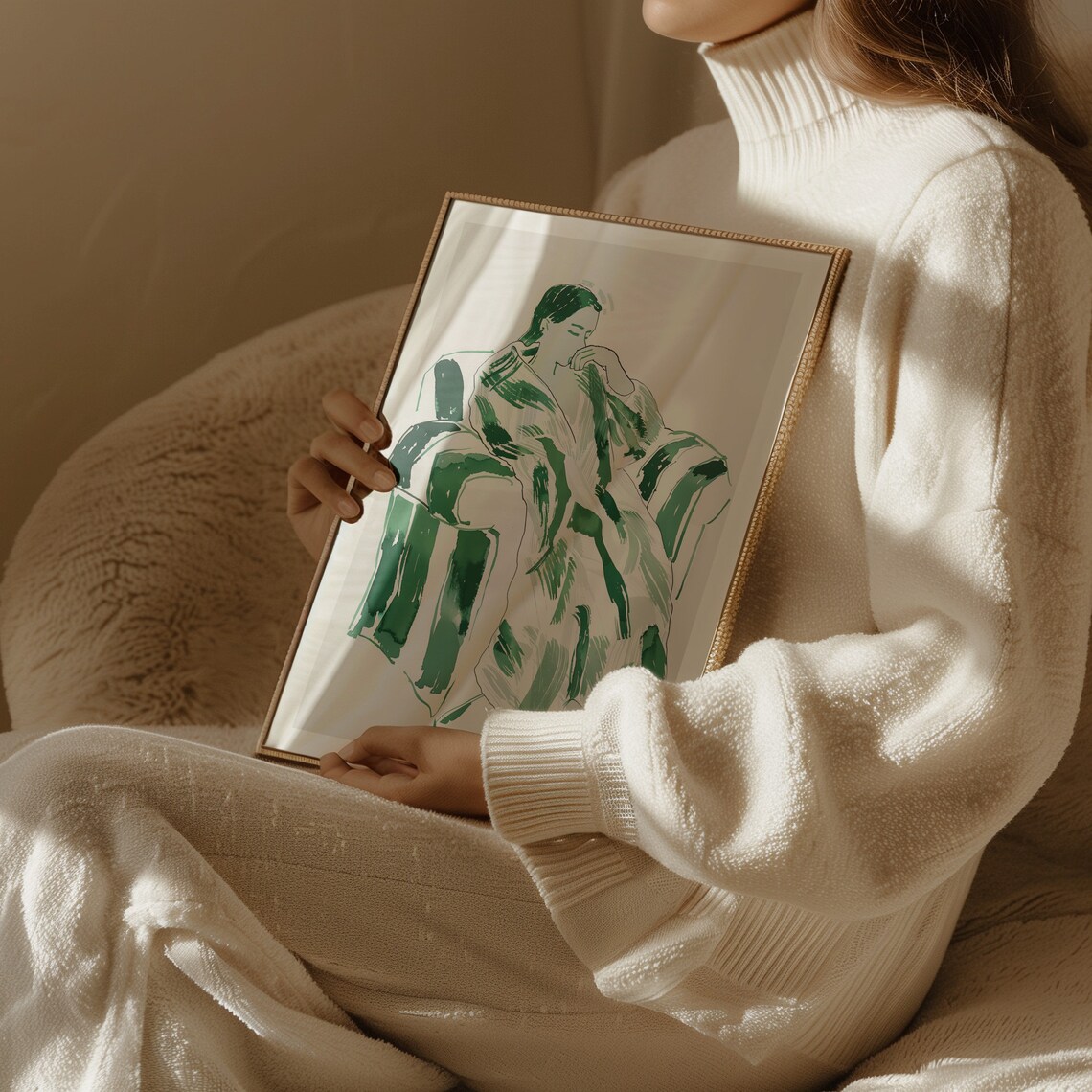 Green Watercolor Reclining Woman on Striped Chair Abstract Figurative Poster - Image 2