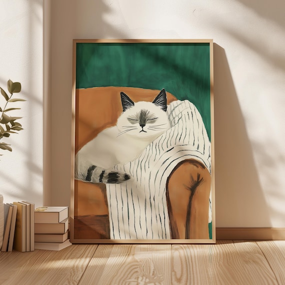 Sleeping White Cat Dark Ears Striped Chair Green Cozy Pet Poster