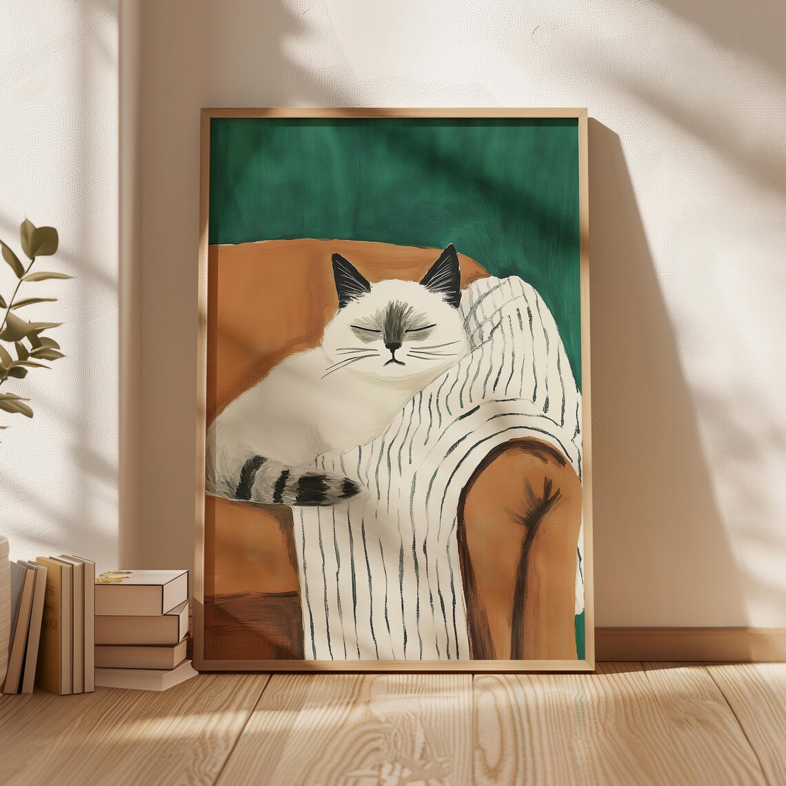 Sleeping White Cat Dark Ears Striped Chair Green Cozy Pet Poster