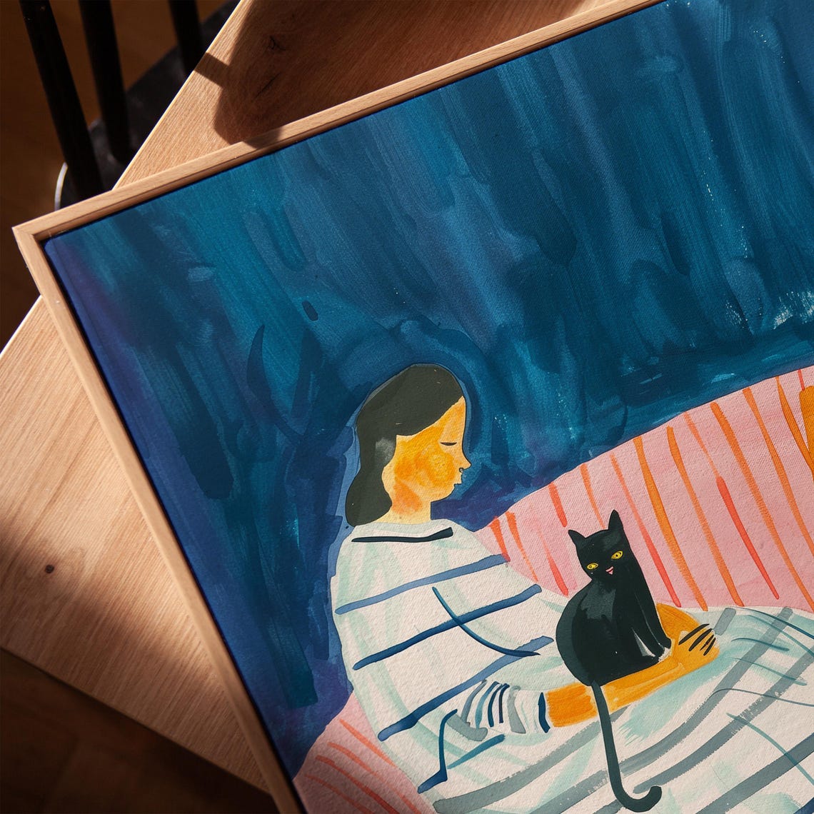 Woman With Black Cat Blue Yellow Wall Art Striped Dress And Couch Wall Art Vibrant Colors Living Room Print Pet Portrait Wall Art - Image 3