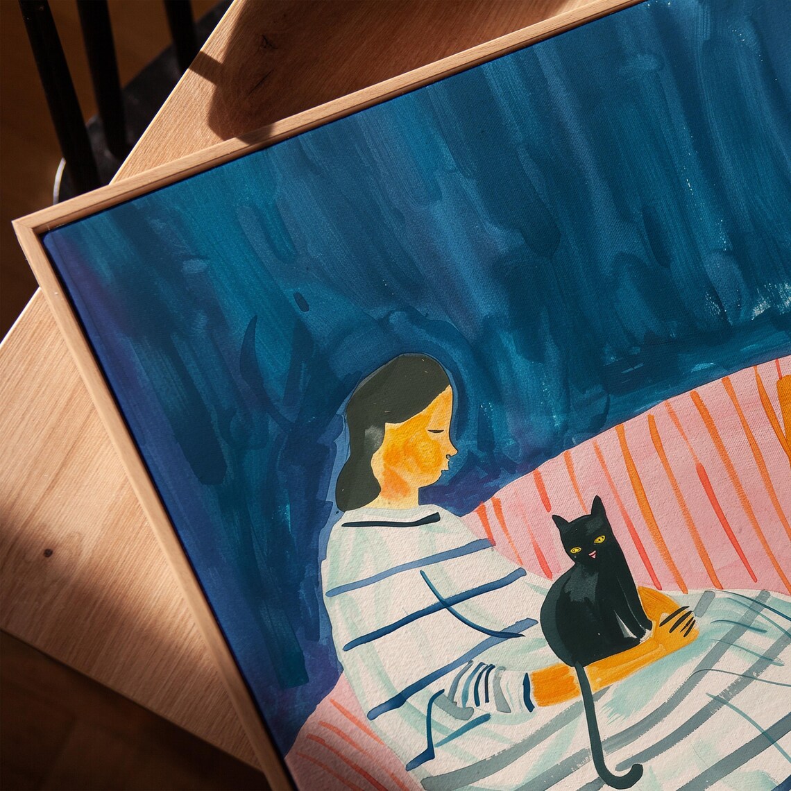 Woman With Black Cat On Pink Sofa Colorful Painting Wall Art - Image 3