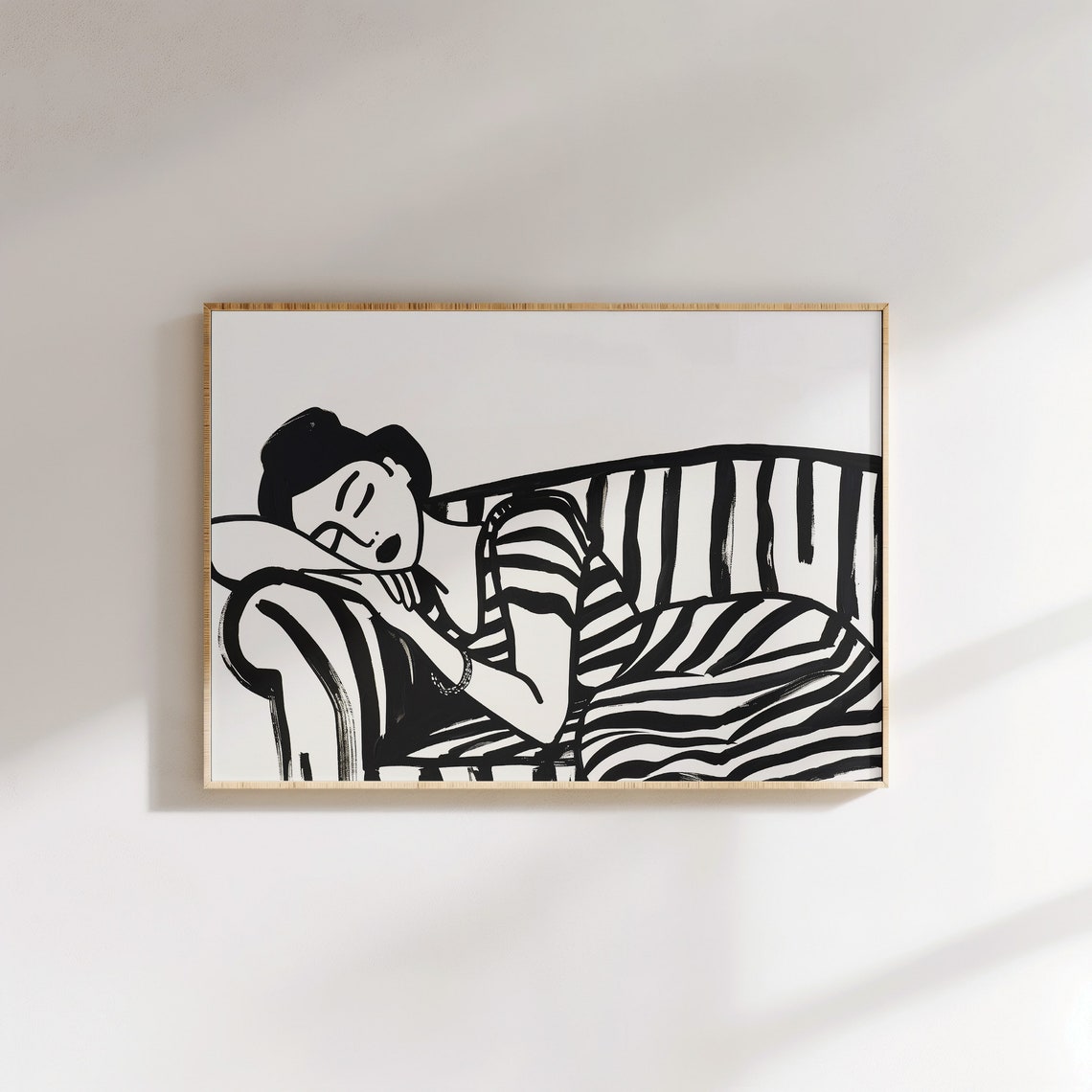 Modern Wall Art Elegant Woman In Black Stripes On Sofa Figurative Print Horizontal Large Wall Art Unique Line Drawing Instant - Image 4