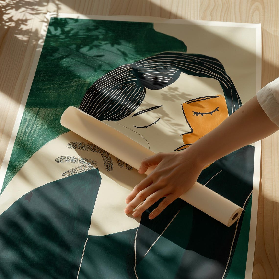 Split Face Contemplative Woman Portrait on Dark Green Poster - Image 3