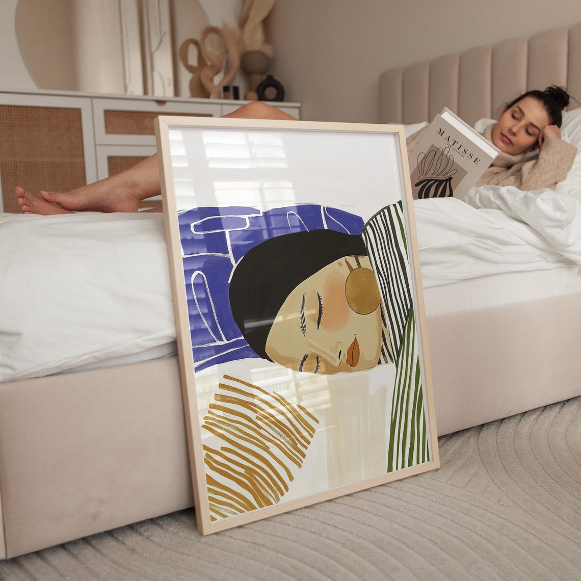 Sleeping Woman Portrait With Blue Pillow And Gold Accents Art Poster - Image 5