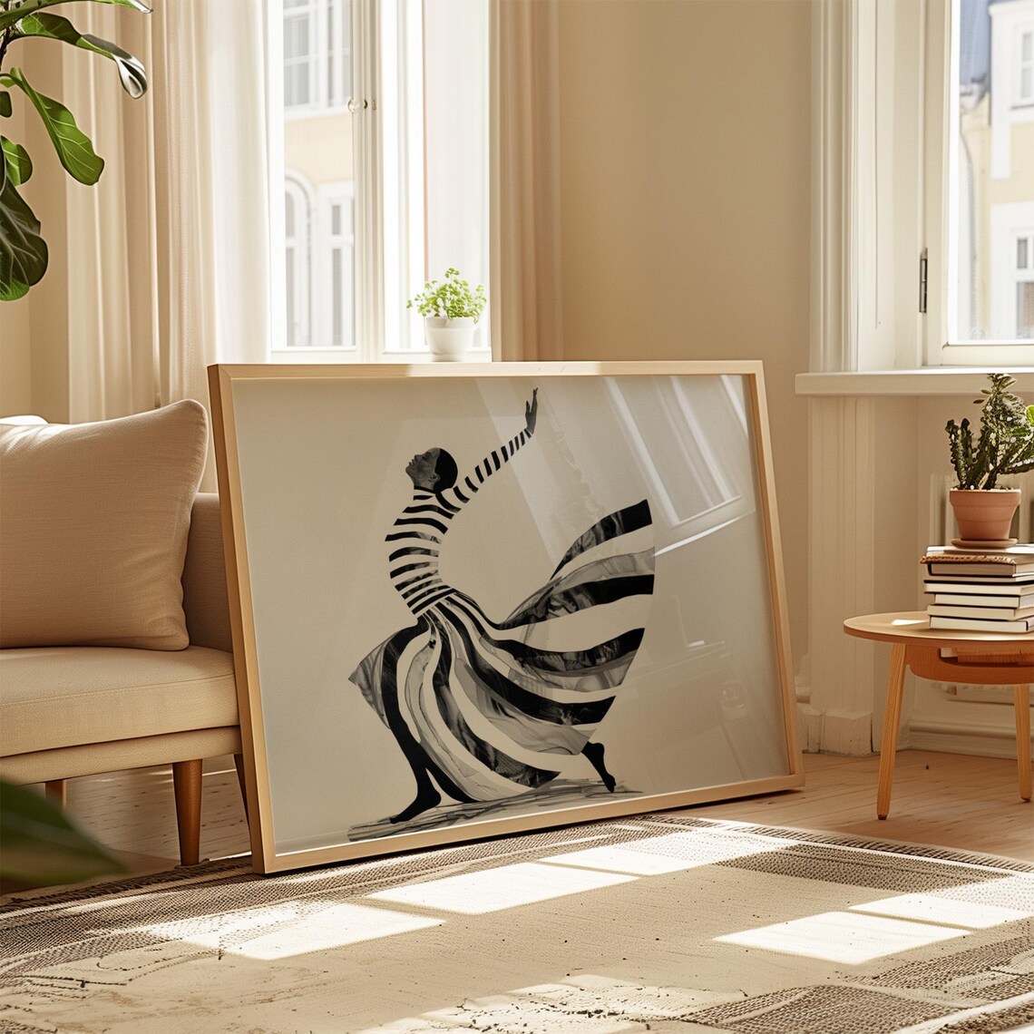 Joyful Black White Dancer Flowing Stripes Movement Art Poster - Image 3