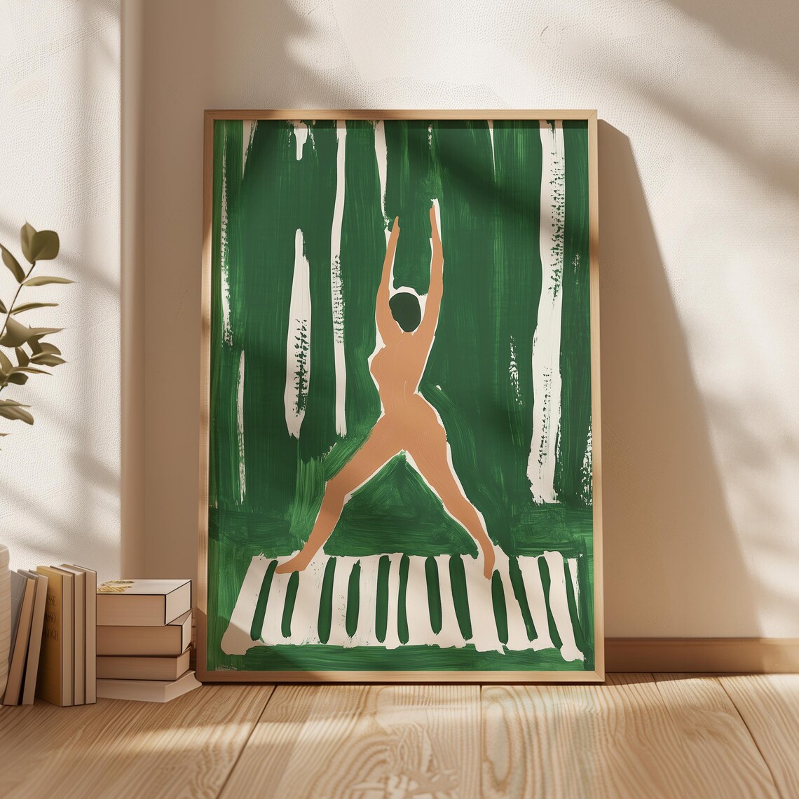 Stylized Yoga Figure Reaching Up In A Green Forest Painting Print - Image 4