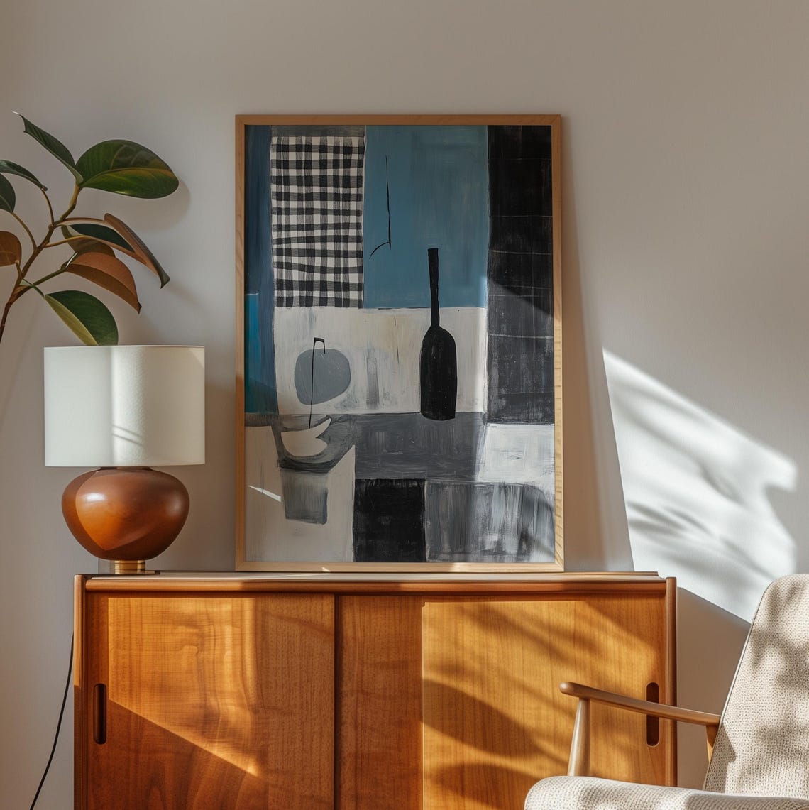 Cubist Still Life With Checkered Panel And Black Bottle In Blue Print - Image 3