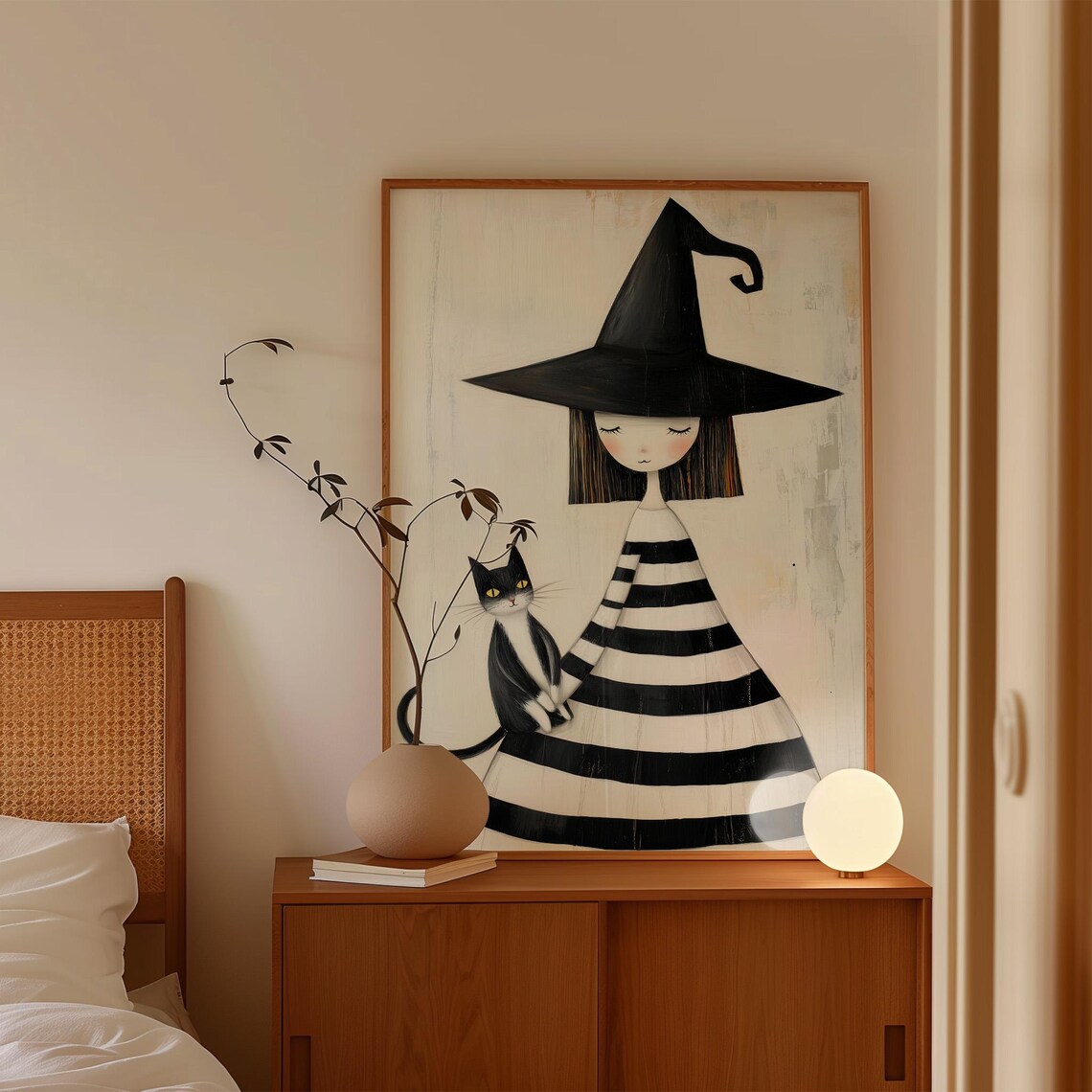 Cute Little Witch In Striped Dress With Black Cat Halloween Poster - Image 4