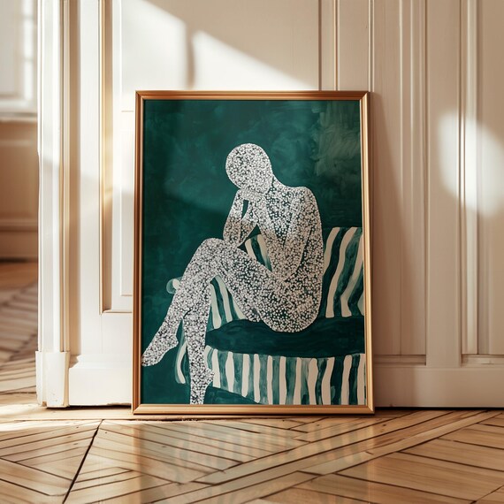 Textured Seated Figure Art Print Abstract Emotional Silhouette Painting Minimal White Dot Pattern Artwork Contemplative Green Decor