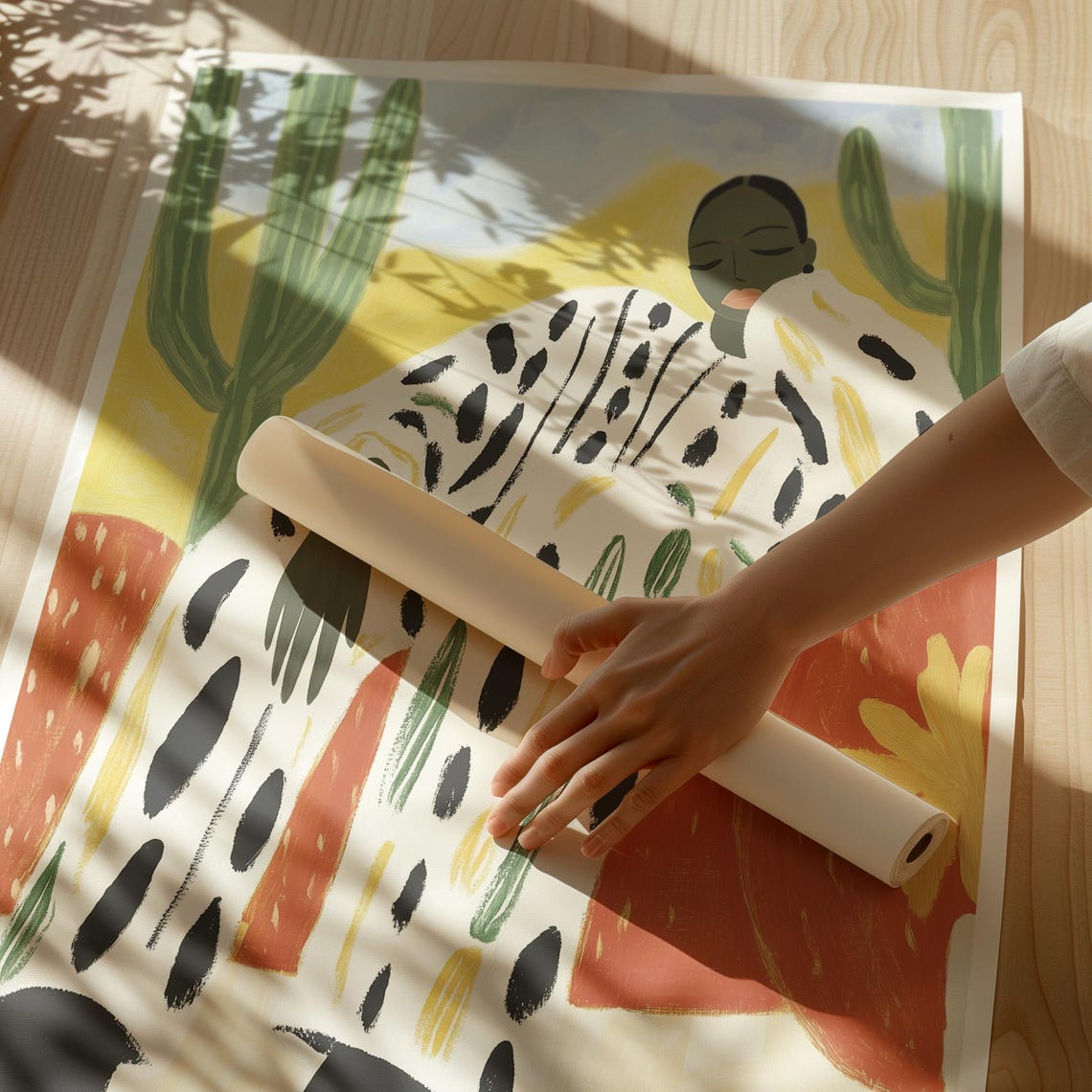 Lounging Figure in a Cactus Desert with Earthy Brushstrokes Poster - Image 3