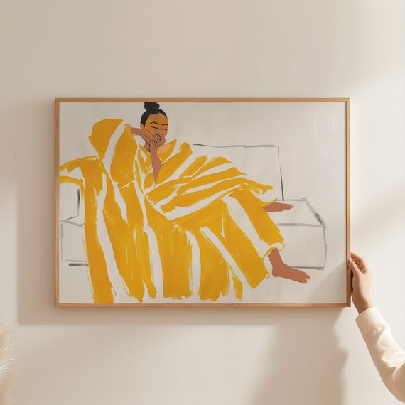 Contemporary Art Yellow Wall Art Horizontal Woman Wrapped In Yellow Striped Blanket On Sofa Large Print For Vibrant Home
