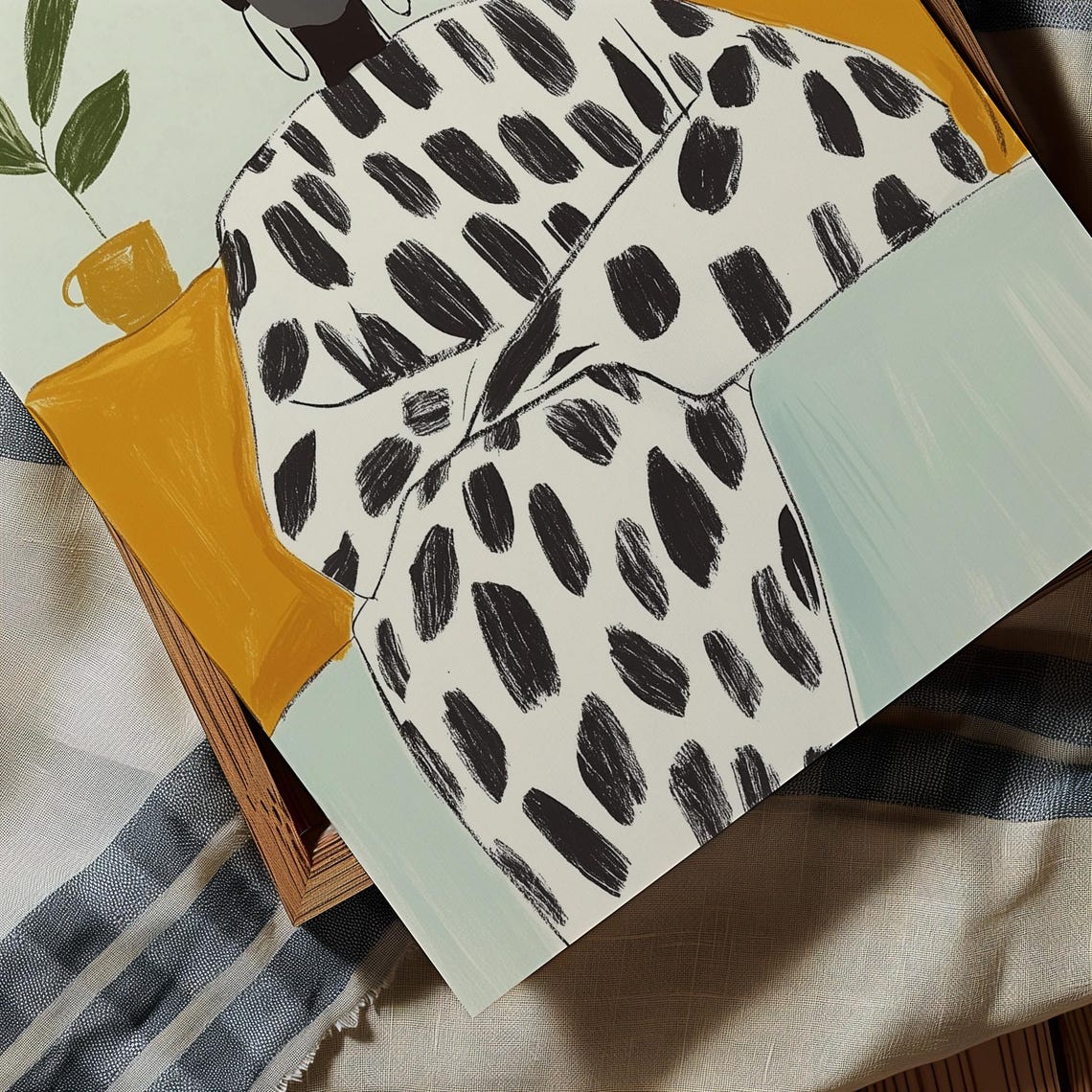 Woman In Dotted Robe Seated With Plants In Mustard Tones Art Poster - Image 4